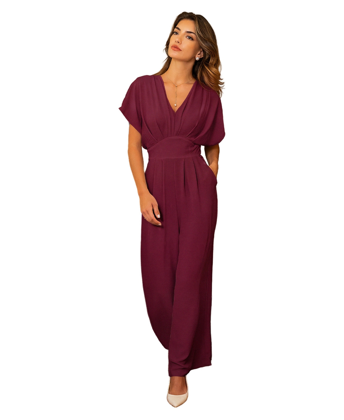 Cupshe Women's V-Neck Short Sleeve Straight Leg Jumpsuit - Dark red