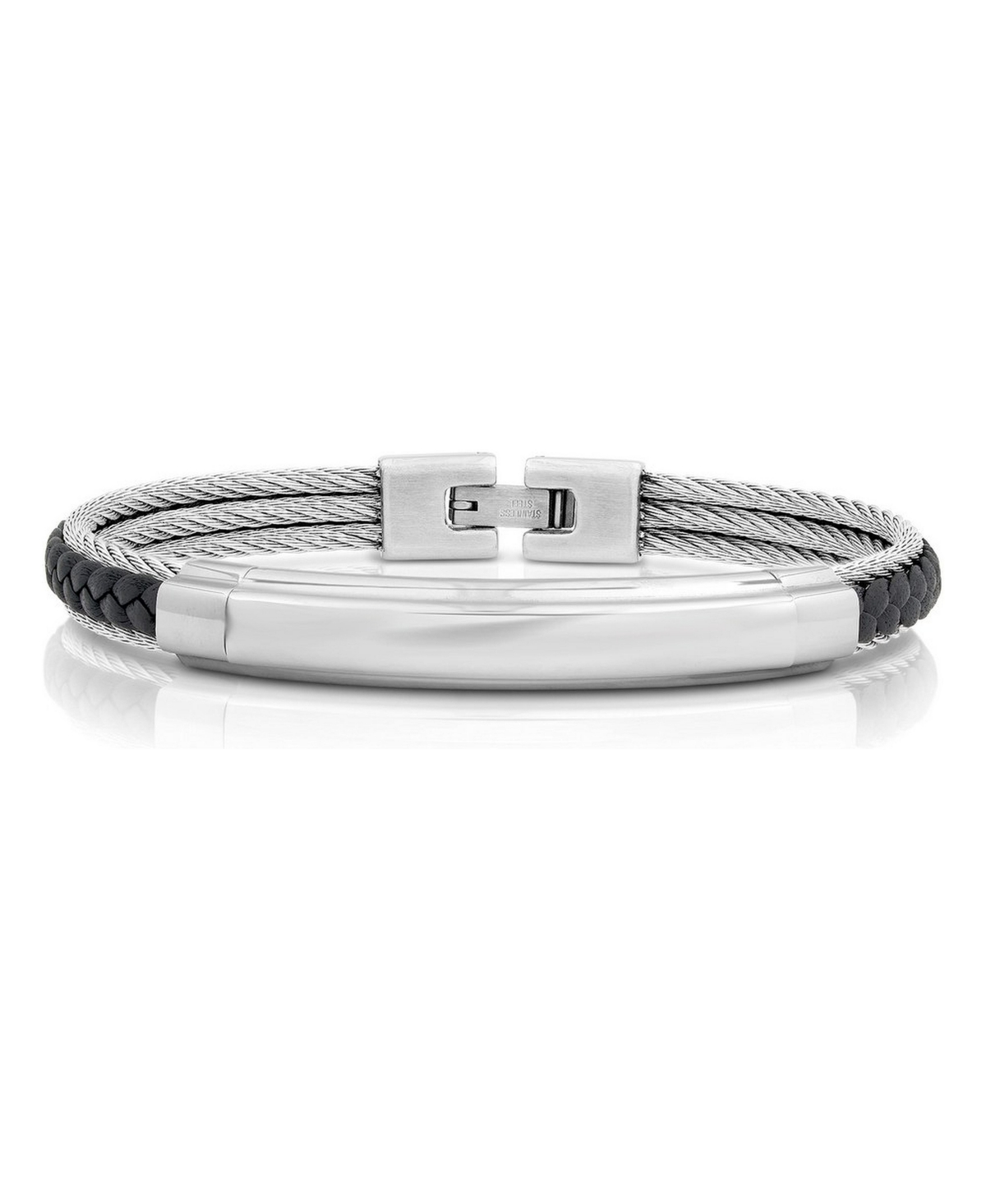 Metallo Men's Stainless Steel and Genuine Leather Bracelet - Silver  black