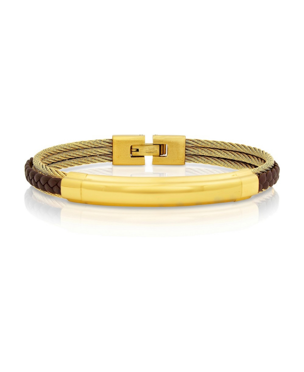 Metallo Men's Stainless Steel and Genuine Leather Bracelet - Gold  brown