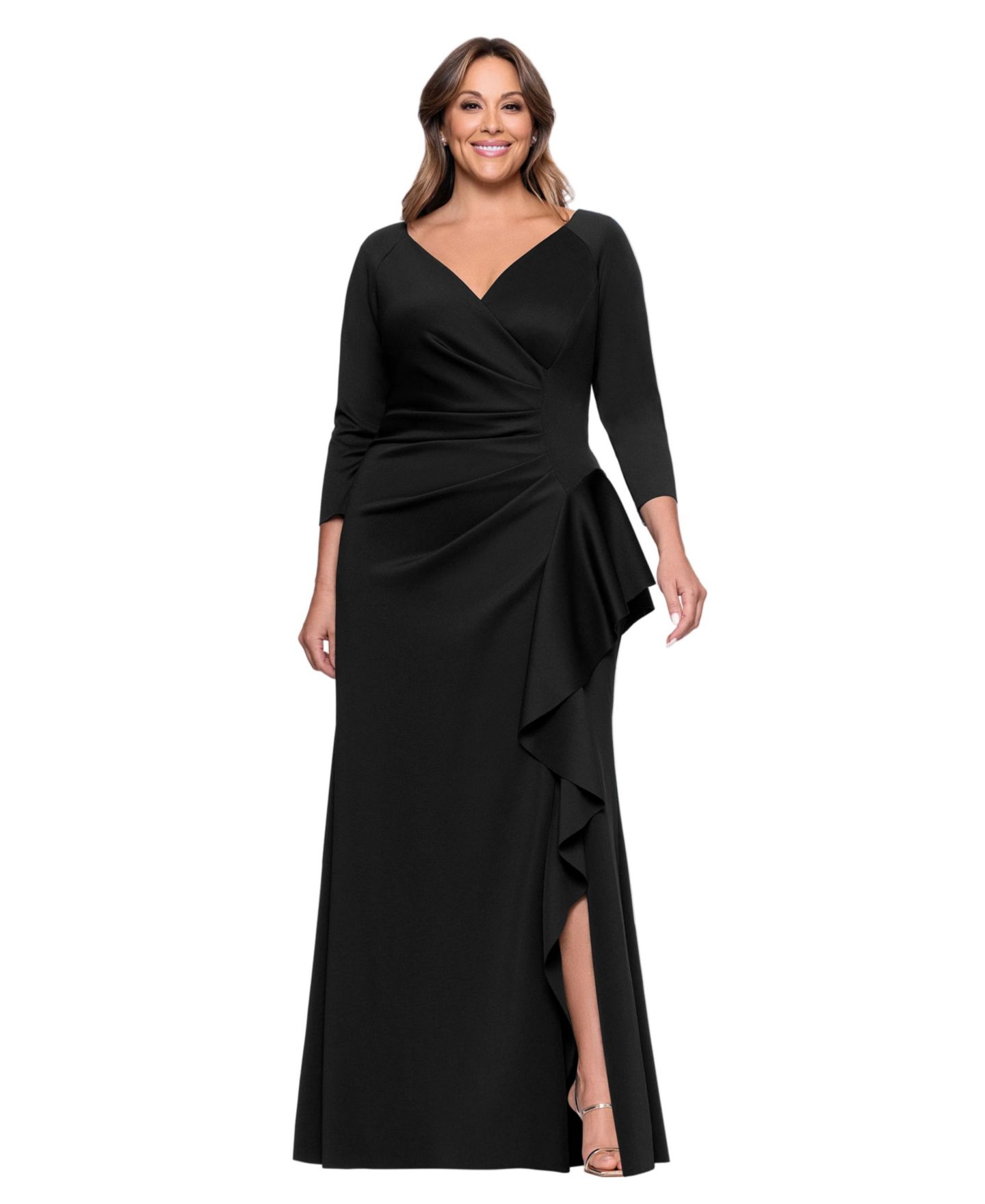 Женское платье XSCAPE Plus V-Neck Ruffled Side-Slit Scuba Gown, цвет: Чёрный — фото 1