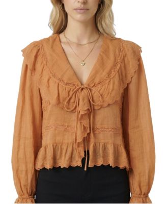 Women's Ruffled Lace-Trim Tie-Front Blouse