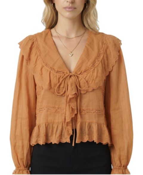 Женская блузка Modenaire Ruffled Lace-Trim Tie-Front, цвет: Оранжевый