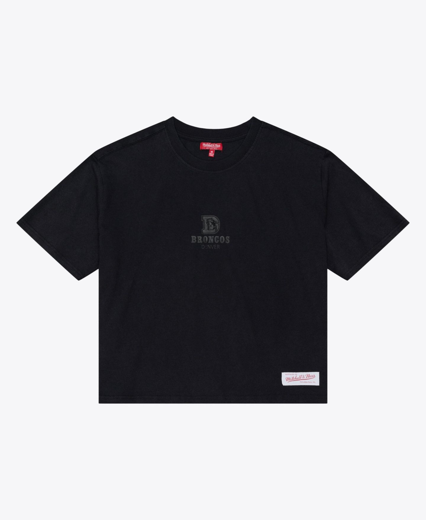 Женская футболка Mitchell & Ness Mitchell Ness Black Denver Broncos Core Essentials Micro Logo Boxy Crop — фото 1