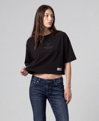 Women's Mitchell Ness Black Houston Texans Core Essentials Micro Logo Boxy Crop T-Shirt