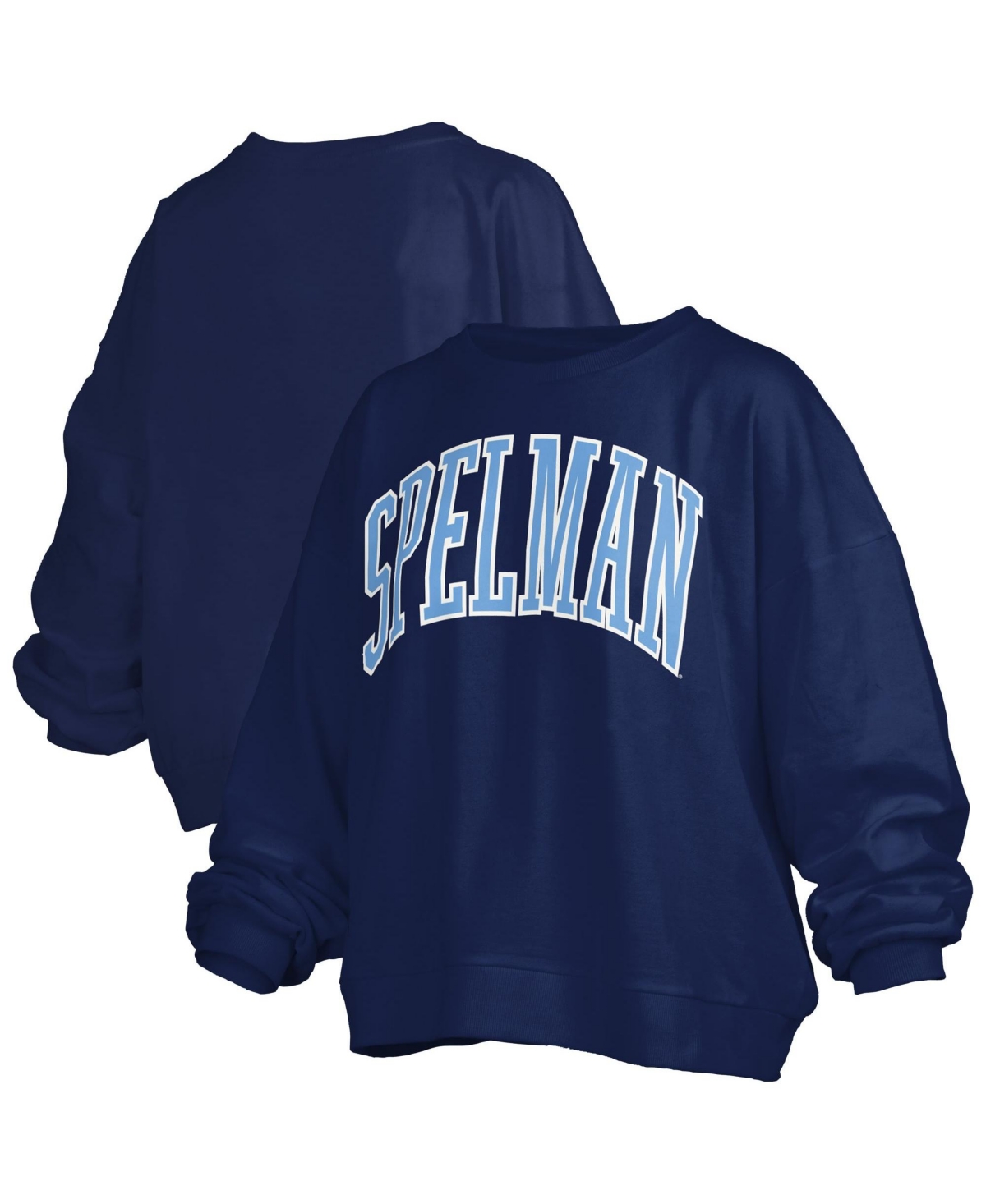 Pressbox Women's Navy Spelman College Jaguars Oversized Janise Arch Over Logo Fleece Sweatshirt - Navy