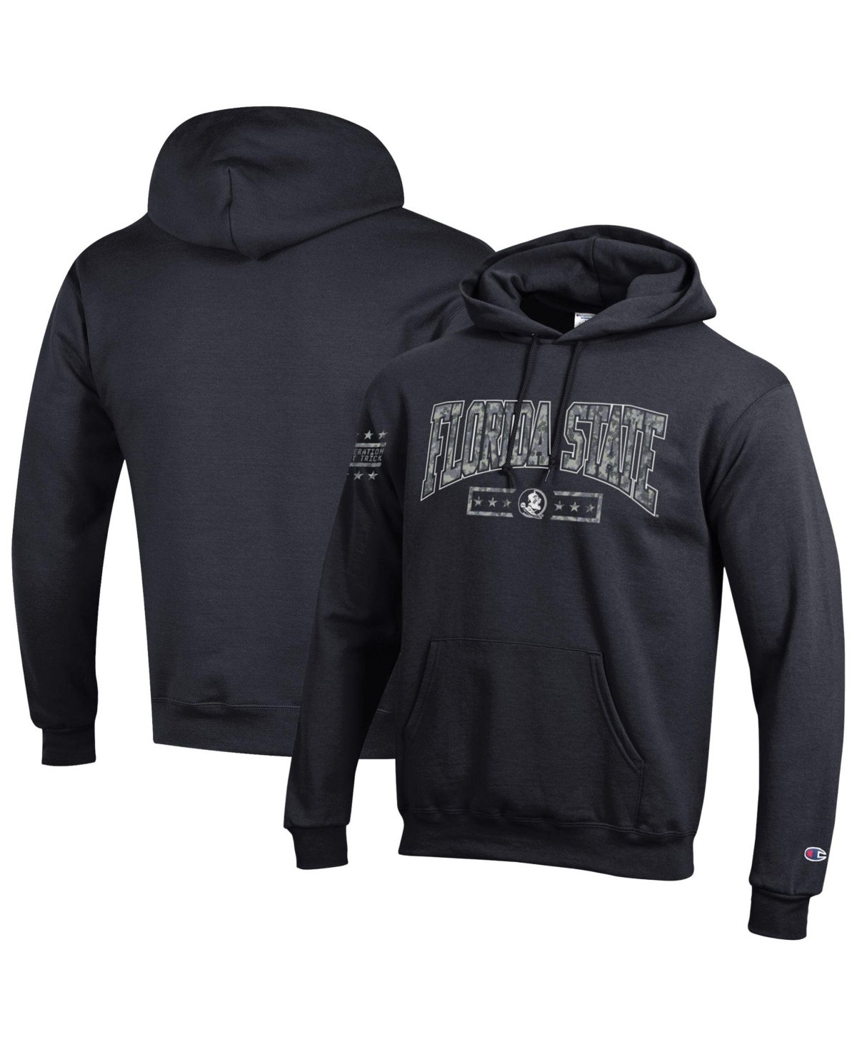 Champion Men's Black Florida State Seminoles Operation Hat Trick Camo Script Power blend Fleece Hoodie - Black