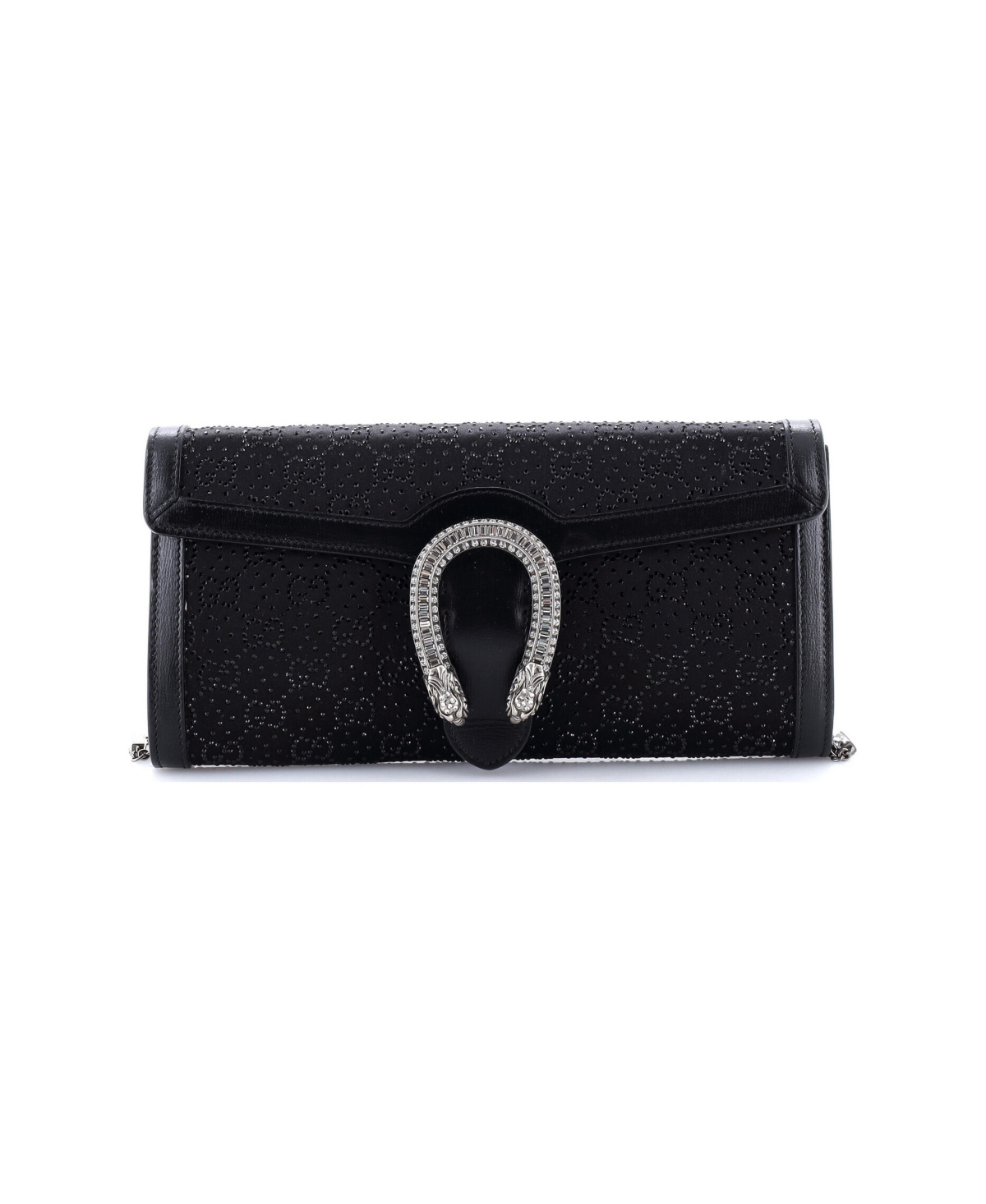 Pre-Owned Gucci Long Dionysus Chain Clutch Crystal Embellished Gg Satin - Black