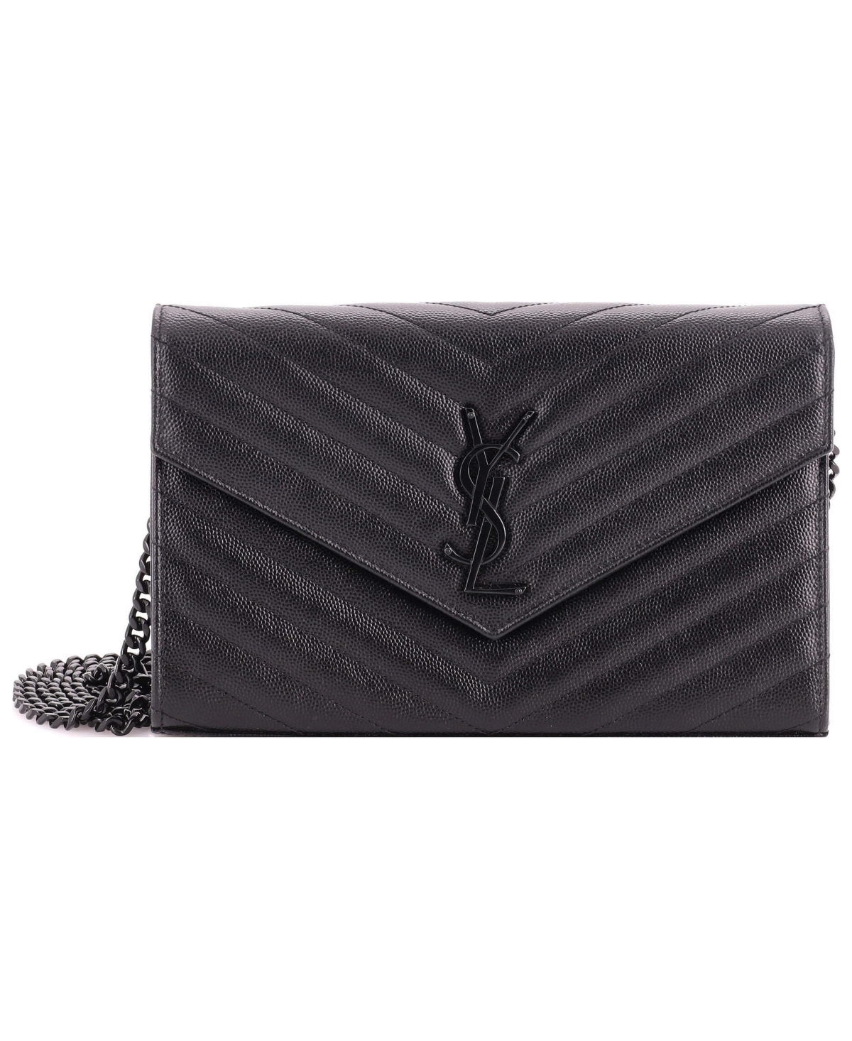 Pre-Owned Saint Laurent Medium Classic Monogram Wallet on Chain Matelasse Chevron Leather - Black
