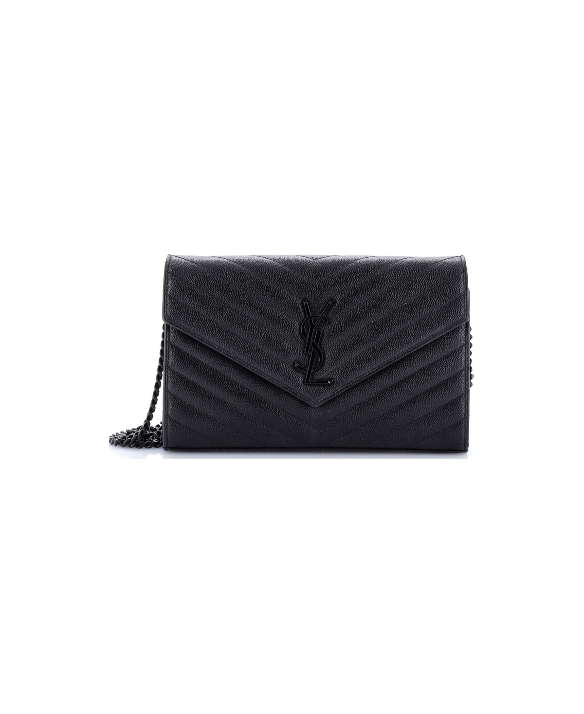 Pre-Owned Saint Laurent Medium Classic Monogram Wallet on Chain Matelasse Chevron Leather - Black