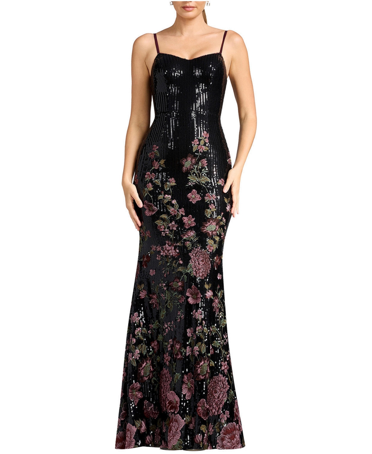 Dress The Population Women's Giovanna V-Neck Sequin Floral Applique Mermaid Gown - Black multi