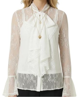 Women's Sheer Lace Ruffle-Front Floral Blouse