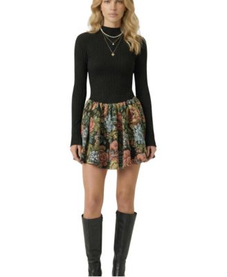 Women's Long-Sleeve Fit & Flare Floral-Print Mini Dress