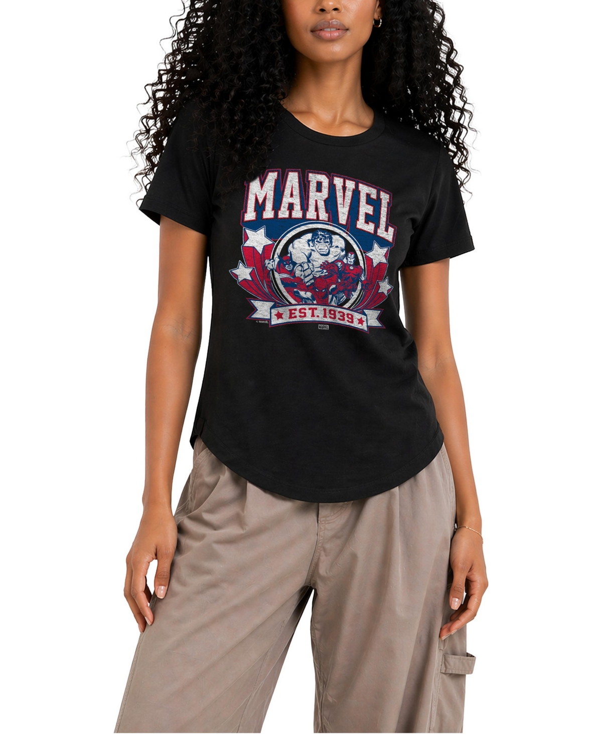 Marvel Women's Collegiate Americana Oversized Graphic Crewneck T-Shirt - Black