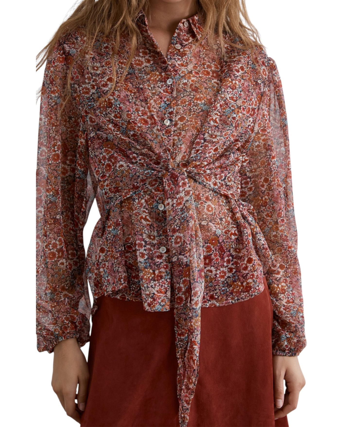 Женская блузка Scalpers Floral-Print Long-Sleeve Tie-Front, цвет: Красный — фото 4