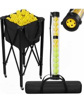 2 in 1 Tennis Pickleball Hopper With Pickup Tube Collapsible Metal Ball Basket Wheels Carry Case