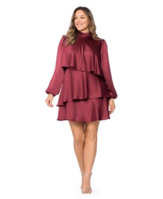 Plus Size Tiered Satin Wedding Guest Mock Neck Long-Sleeve Mini Dress