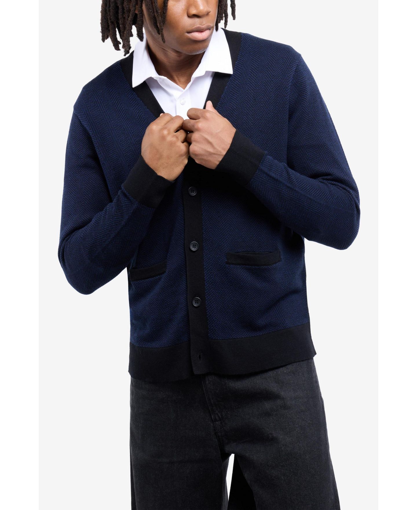 Мужской кардиган XRAY Herringbone Regular-Fit V-Neck, цвет: Тёмно-синий / Чёрный — фото 4
