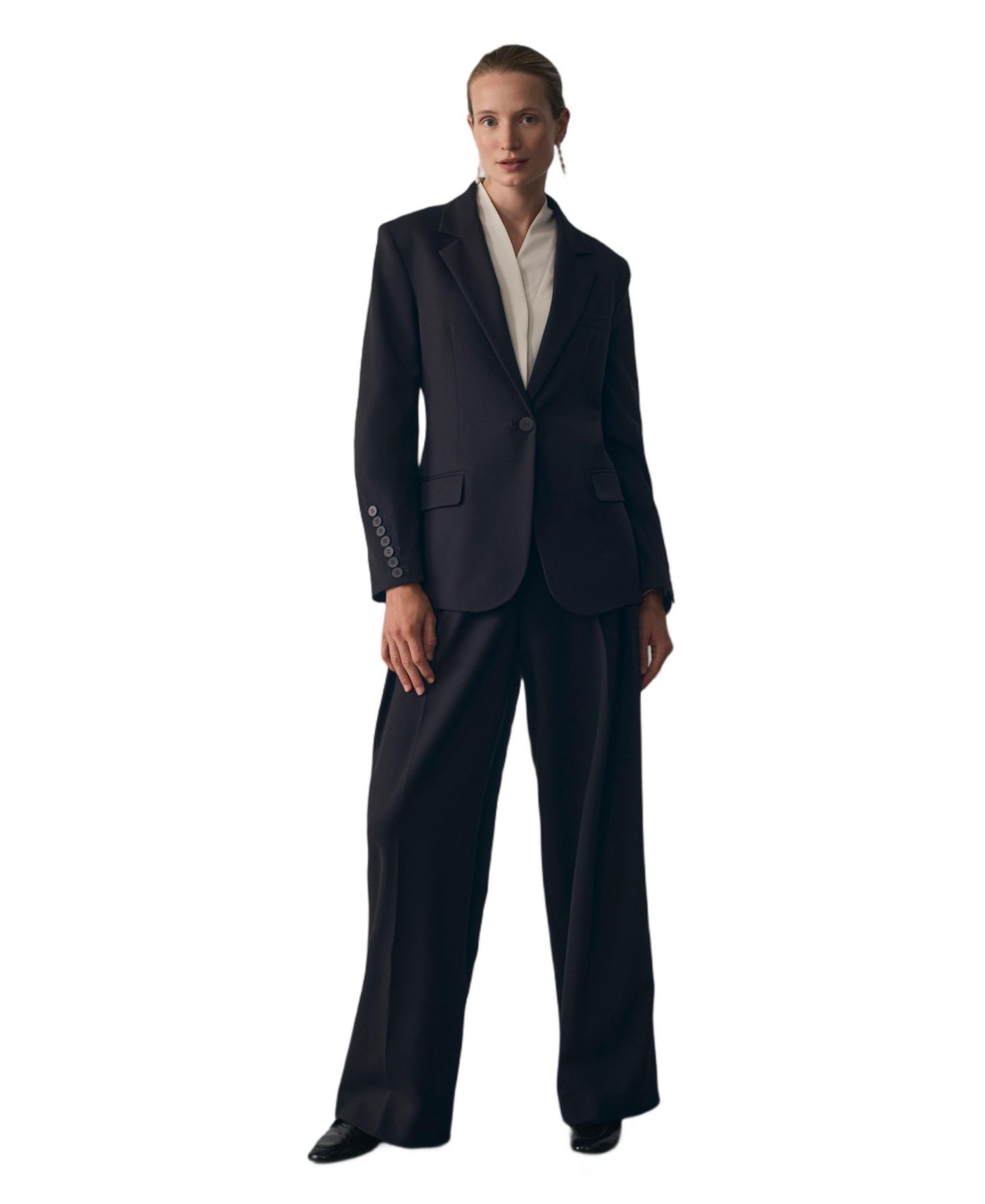 Женские брюки The Fold Cortona Pleated High-Waisted Wide-Leg Wool-Blend, цвет: Тёмно-синий — фото 7