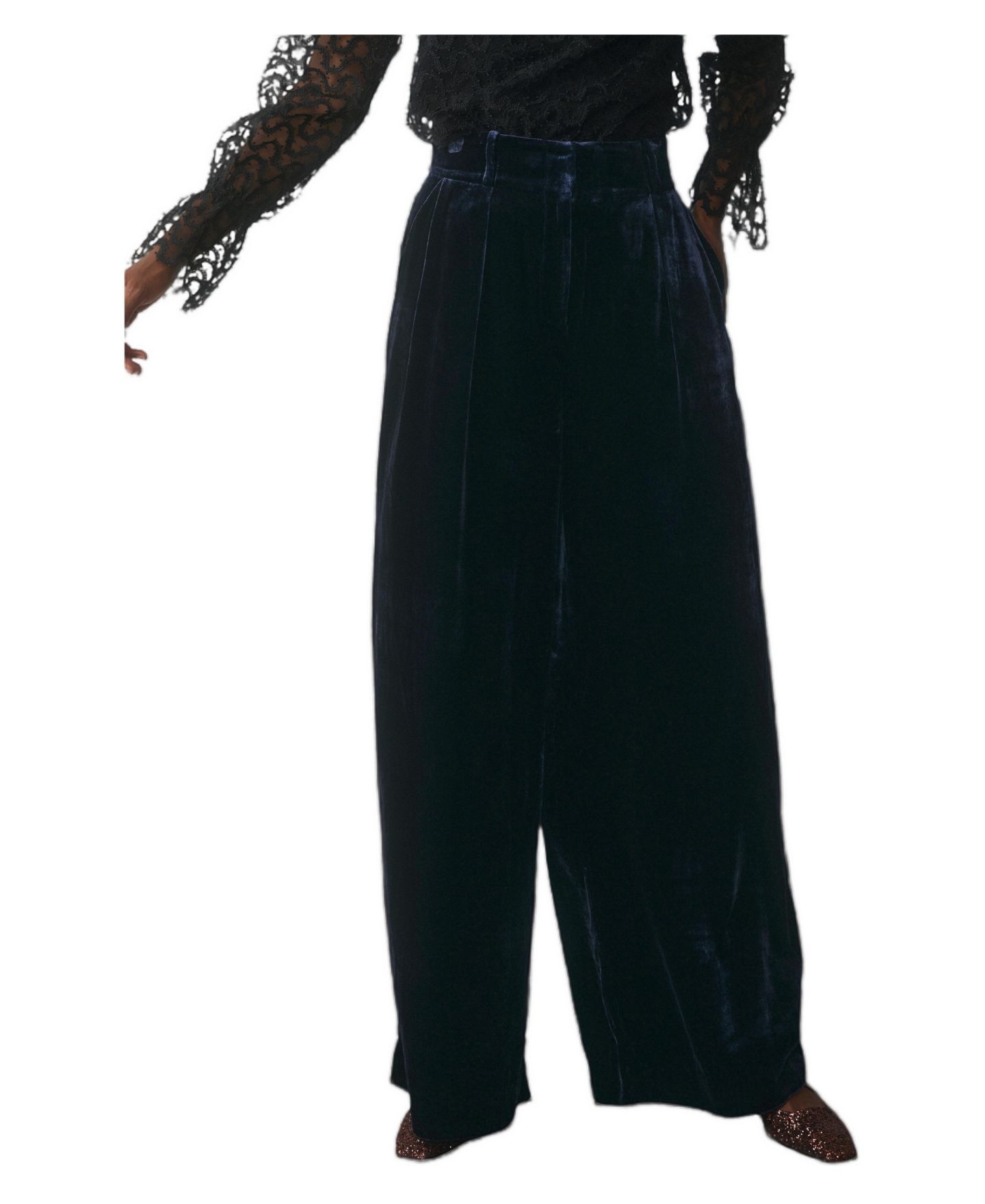 Женские брюки The Fold Lyon Velvet Wide-Leg High-Waisted, цвет: Тёмно-синий — фото 1