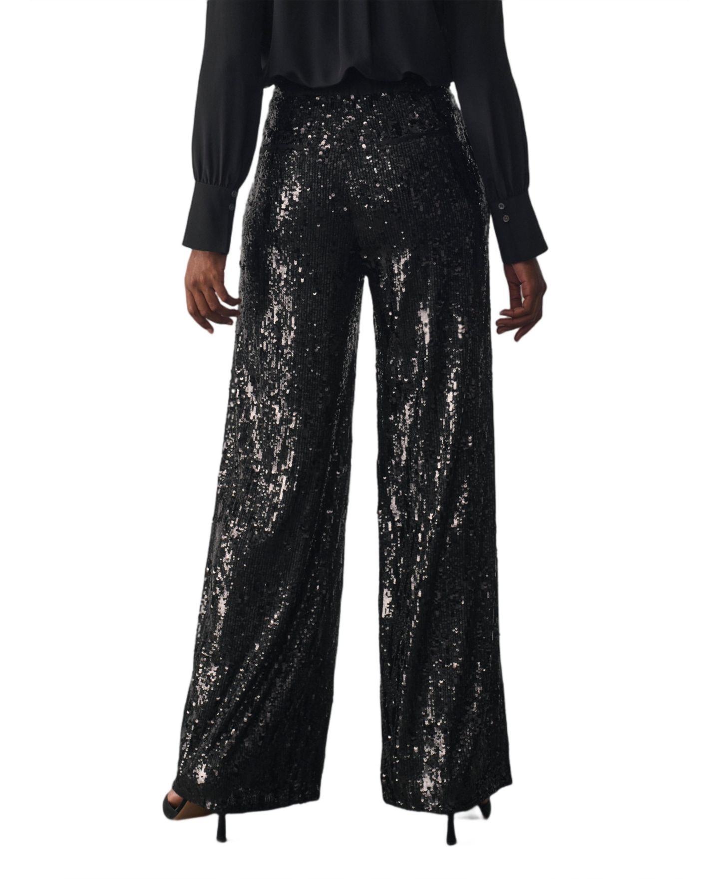 Женские брюки The Fold Arezzo Sequin High-Waisted Wide-Leg, цвет: Чёрный — фото 3