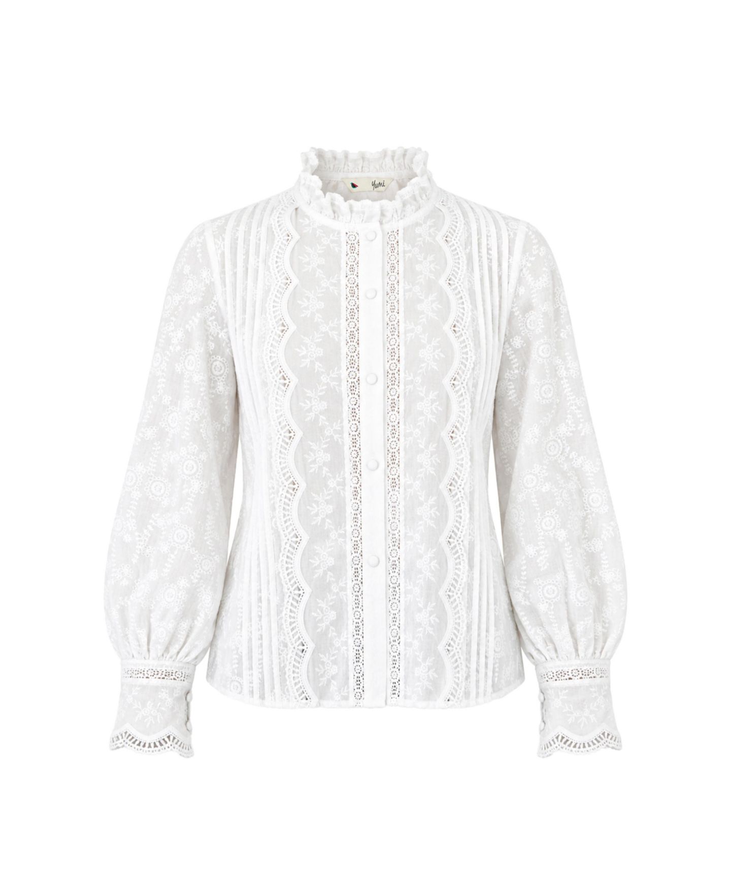 Женская блузка Yumi Long-Sleeve Lace-Detail Cotton, цвет: Белый — фото 3