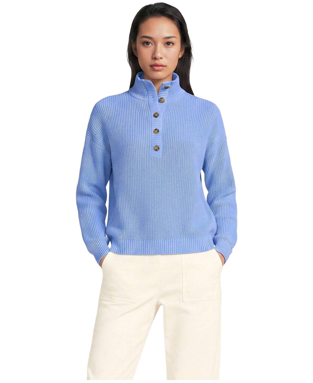 Lands' End Women's Cotton Henley Stand-Collar Button-Placket Sweater - Clear blue sky