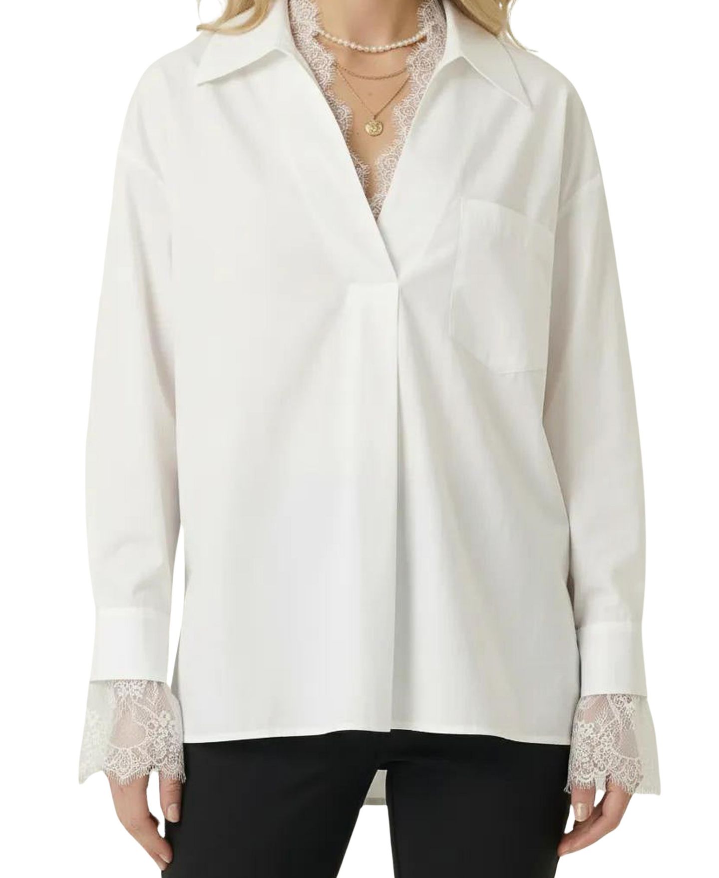 Женская блузка Modenaire Lace Trim Collared V-Neck Popover, цвет: Белый — фото 9