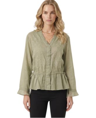 Women's Tonal Floral Embroidery Ruffle-Trim V-Neck Peplum Blouse