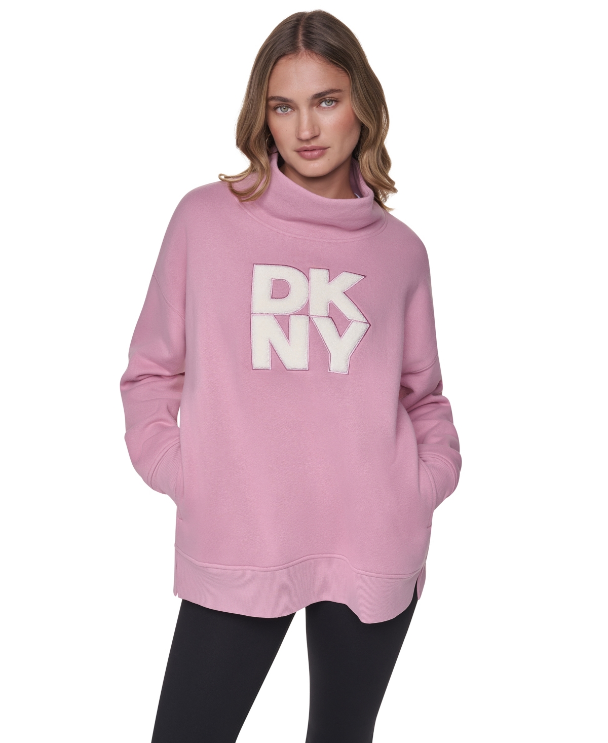 DKNY Women's Chenille Logo Mock Neck Sweatshirt in Dusty Mauve Size Large