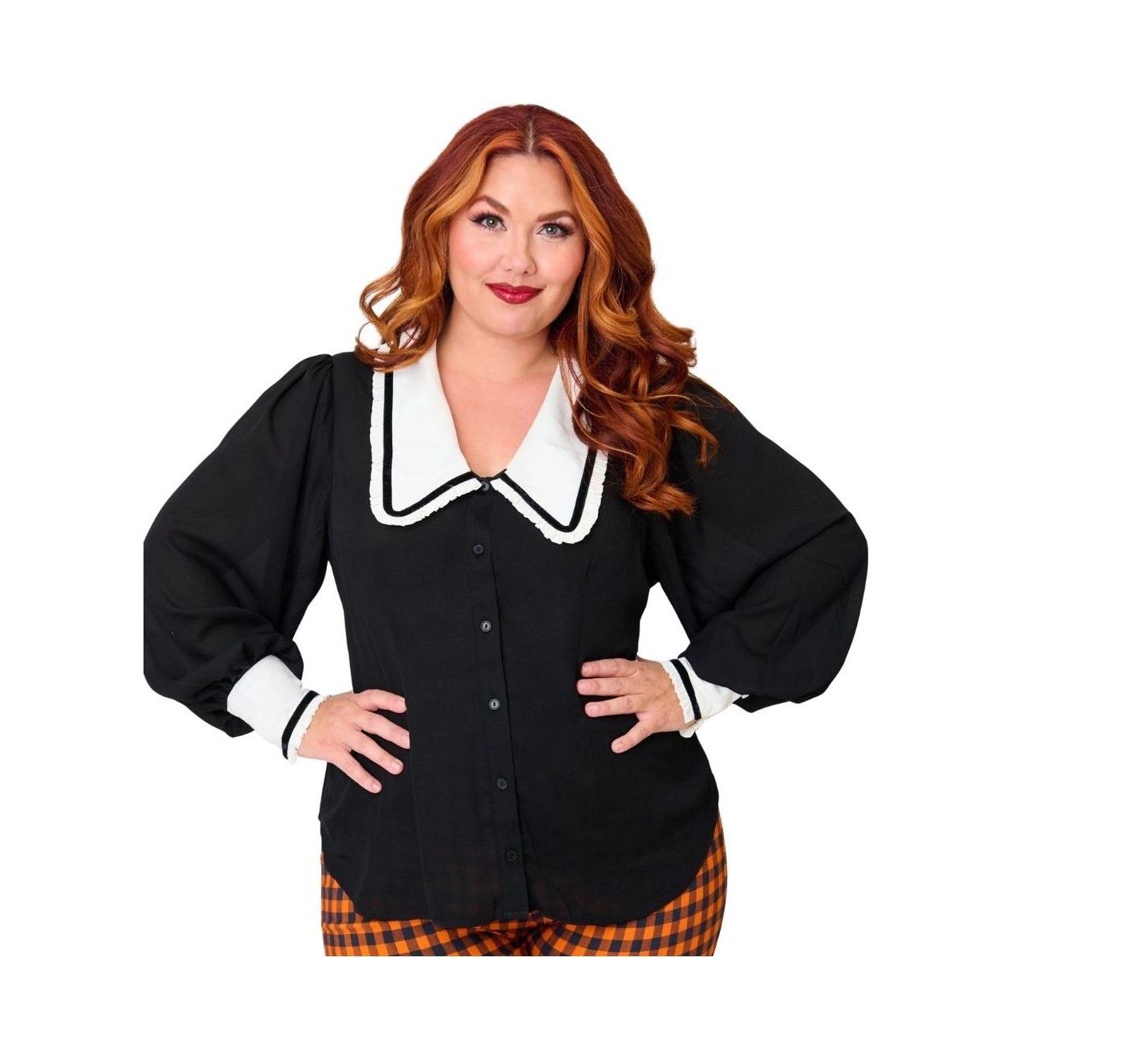 Женская блузка Unique Vintage Plus Size Short Sleeve Oversized Collar, цвет: Чёрный / Белый — фото 4