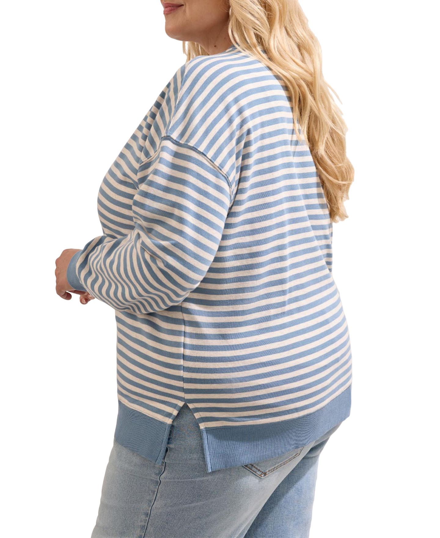 Женский топ TRIBAL Plus Size Striped Long-Sleeve Loose-Fit, цвет: Синий туманный — фото 3
