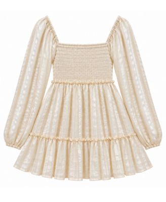 Girls' 7-16 Lurex-Striped Smocked Bodice Square Neckline Long-Sleeve Dress