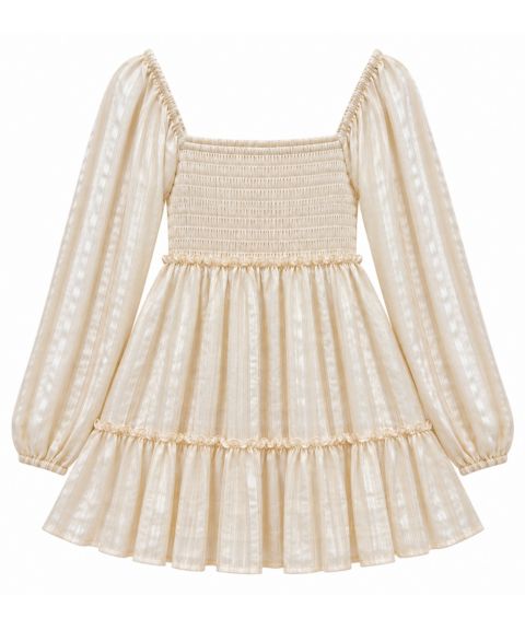 Платье With Jules Lurex-Striped Smocked Bodice Square Neckline Long-Sleeve для девочек, цвет: Слоновая кость / Золотой
