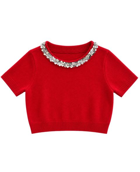 Свитер With Jules Short-Sleeve Cropped Sequin-Embellished Crewneck для девочек, цвет: Красный
