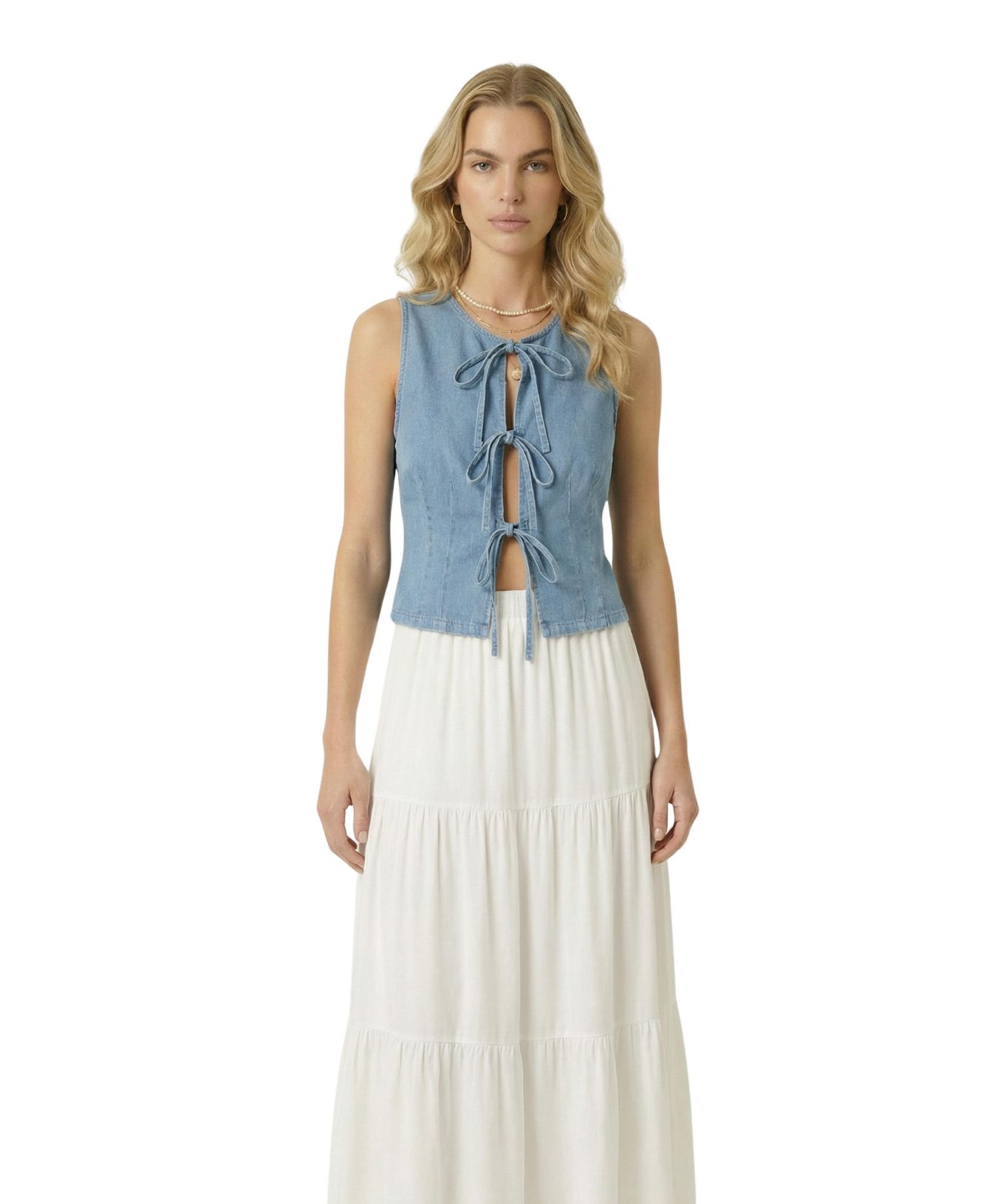 Женский топ Modenaire Deep V-Neck Tie-Front Denim Vest Top, цвет: Средний синий — фото 1