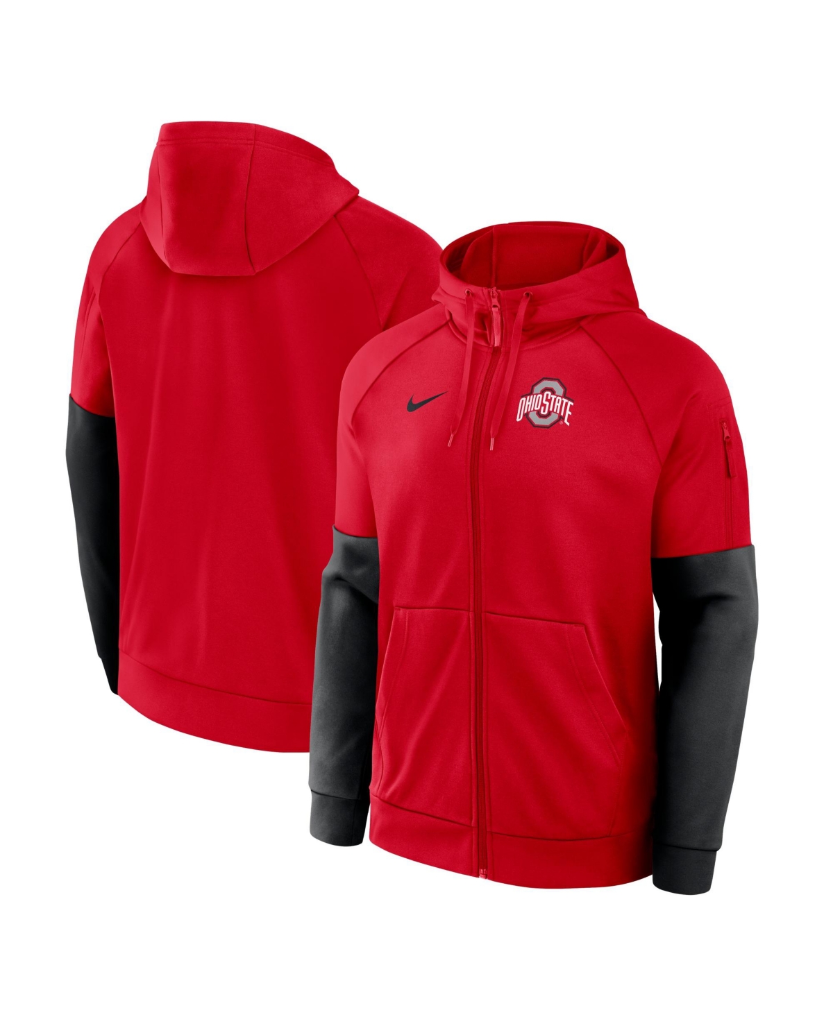 Nike Men's Scarlet Ohio State Buckeyes Primetime Primary Logo Therma-fit Raglan Full-Zip Hoodie - Scarlet, Black
