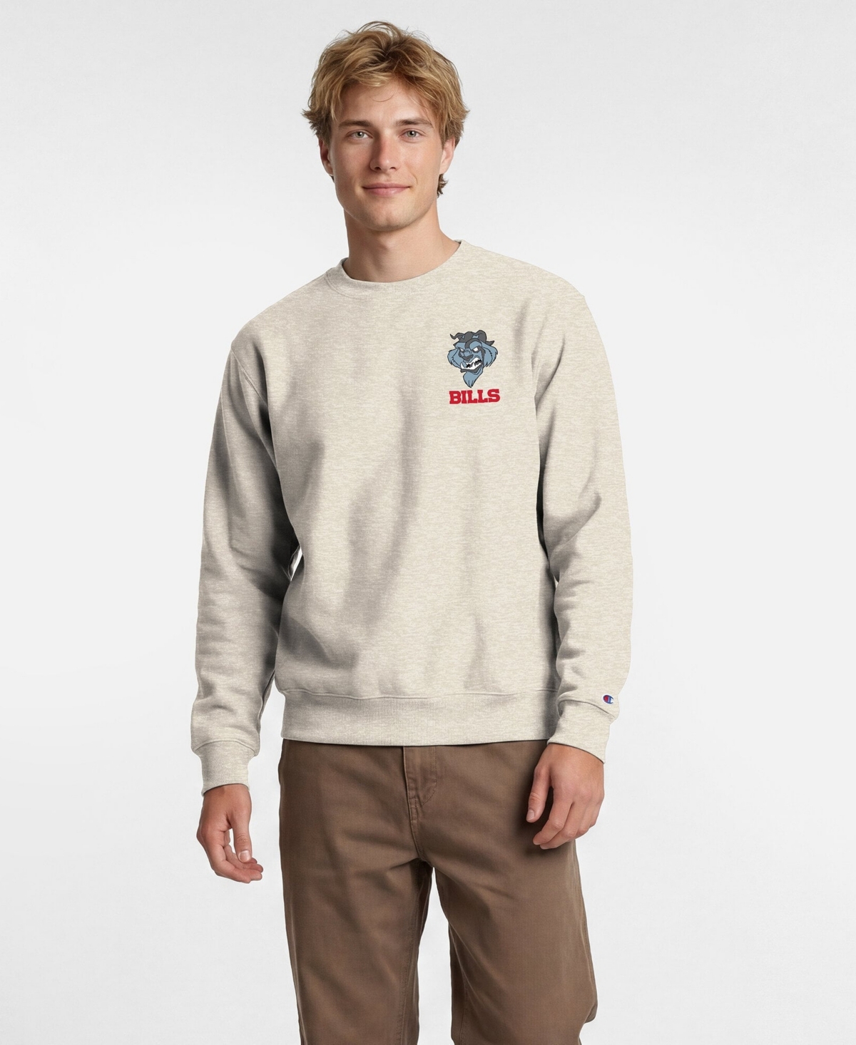 Champion Men's Disney x Oatmeal Buffalo Bills Power blend Left Chest Fullback Crew Sweatshirt - Oatmeal