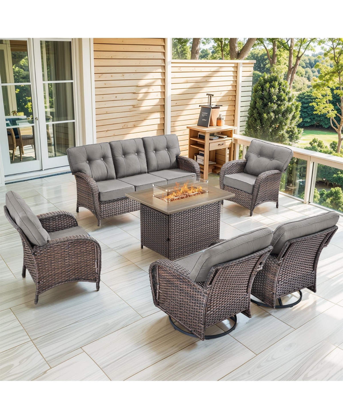 Pocassy 6-Piece Patio Furniture Set with 50,000 Btu Fire Pit Table, Swivel Rocking Wicker Chairs and Outdoor Sofa - Grey brown