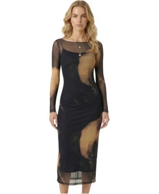 Women's Mesh Overlay Layered Long-Sleeve Midi Dress