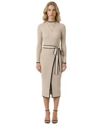 Women's Ribbed-Knit Contrast-Trim Tie-Waist Midi Dress