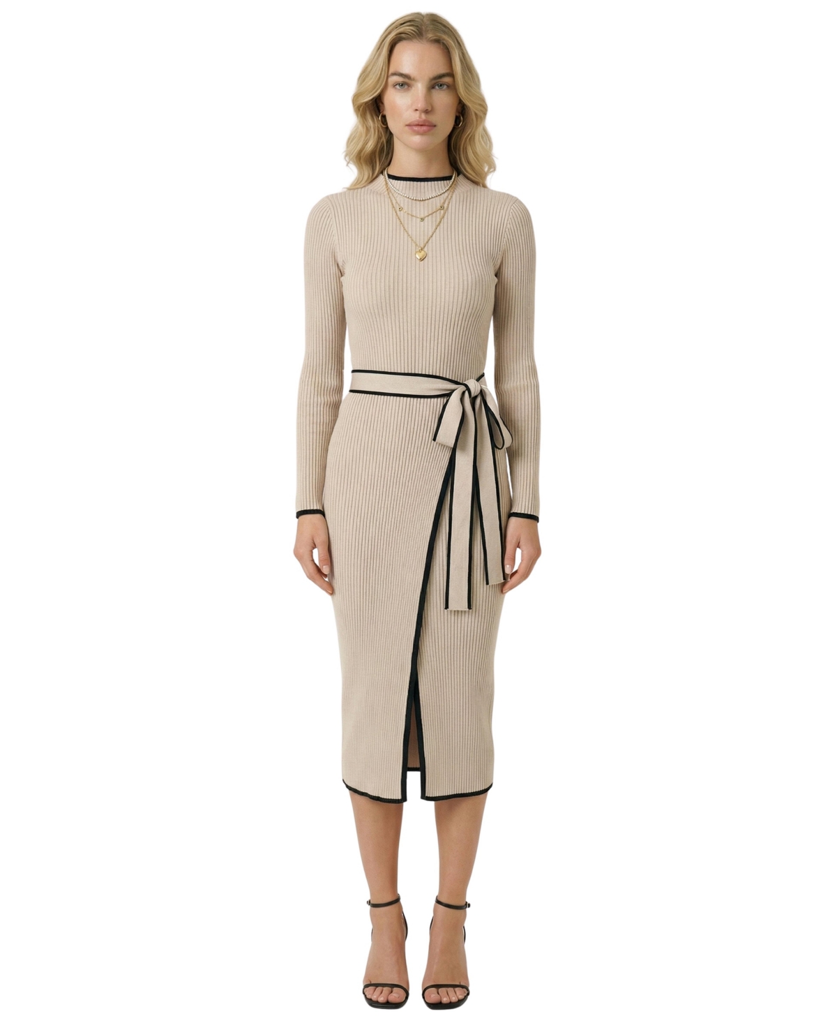 Modenaire Women's Ribbed-Knit Contrast-Trim Tie-Waist Midi Dress - Beige