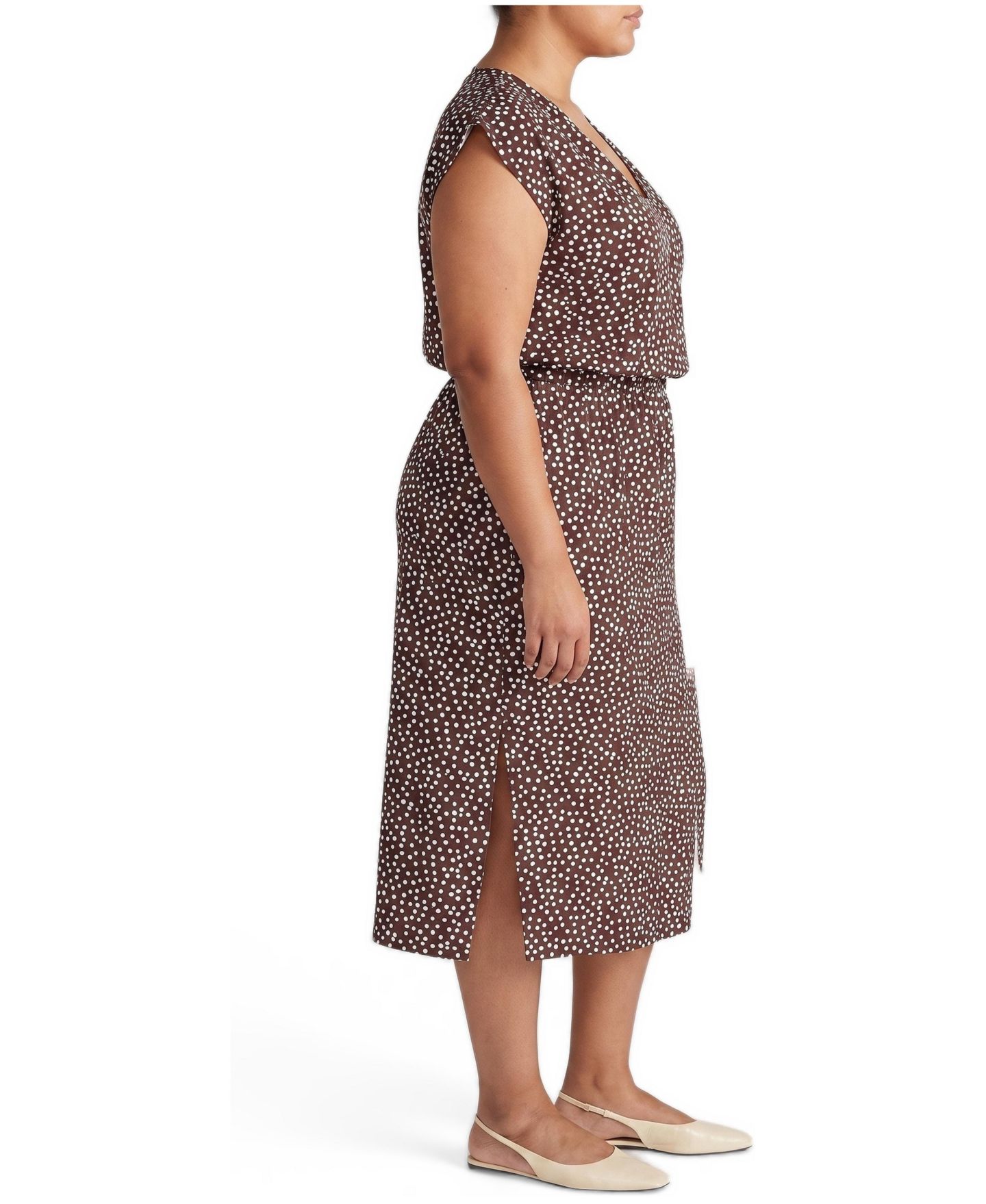 Женское платье Universal Standard Plus Size Tish Divine V-Neck Short-Sleeve Polka Dot Midi, цвет: Коричневый / Белый с принтом — фото 4