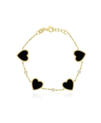 Onyx and Cubic Zirconia Heart Station Bracelet in 14k Gold-Plated Sterling Silver