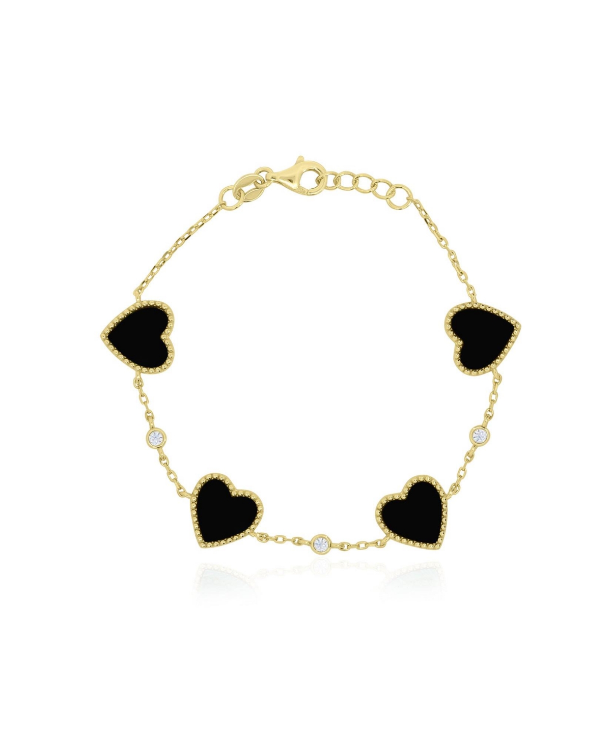 The Lovery Onyx and Cubic Zirconia Heart Station Bracelet in 14k Gold-Plated Sterling Silver - Gold plated sterling silver