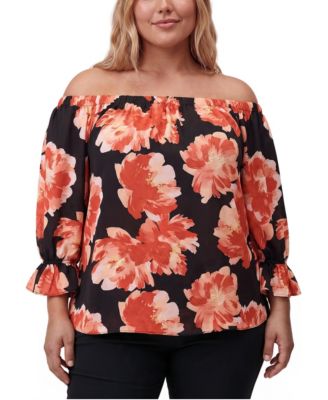 Plus Size Floral-Print Off-the-Shoulder 3/4-Sleeve Blouse