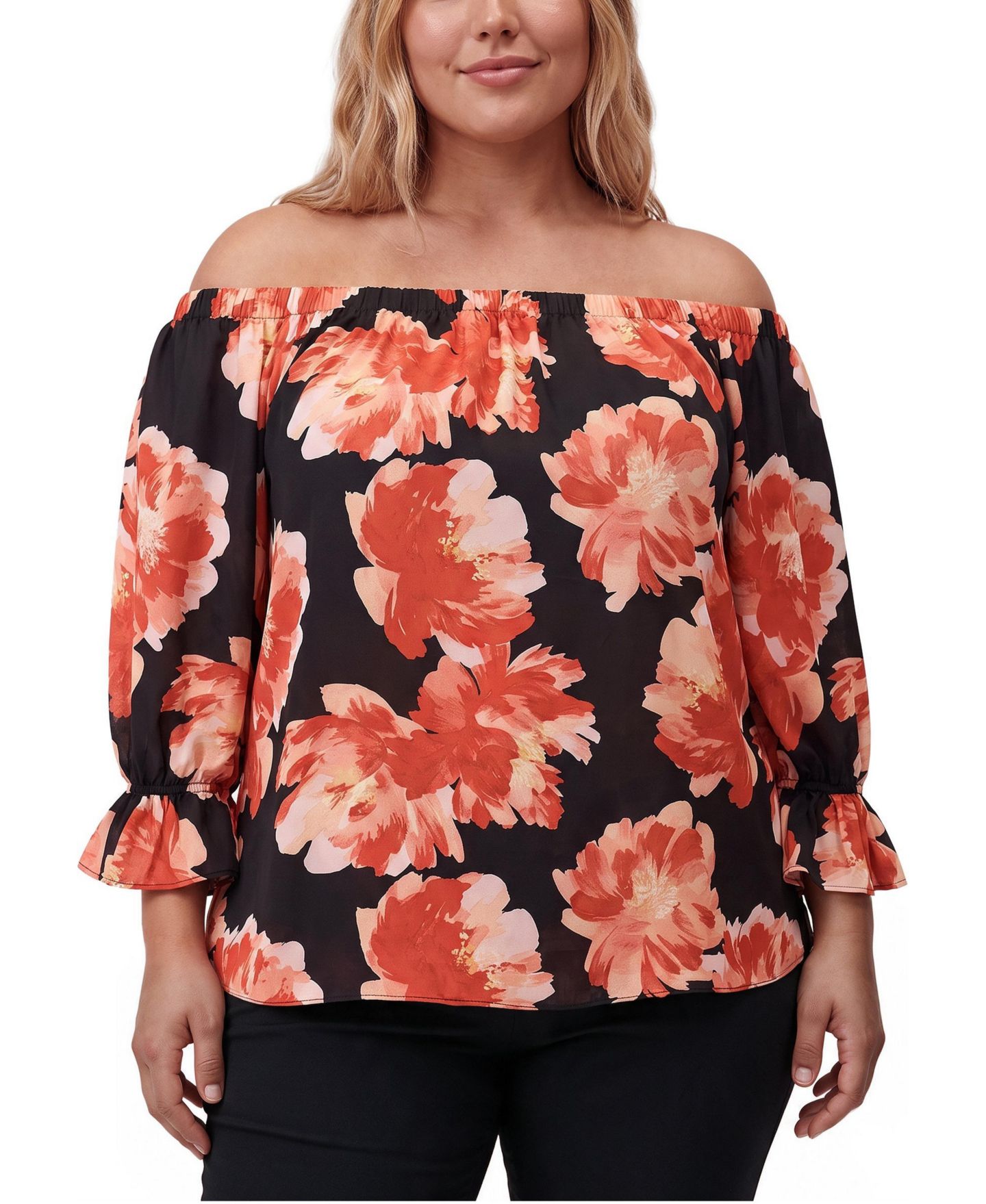 Женская блузка Torrid Plus Size Floral-Print Off-the-Shoulder 3/4-Sleeve, цвет: С принтом чёрный — фото 1