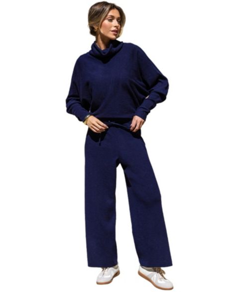 Женский комплект Cupshe Lounge Turtleneck Top and Wide-Leg Pants, 2-Piece Set, цвет: Тёмный синий