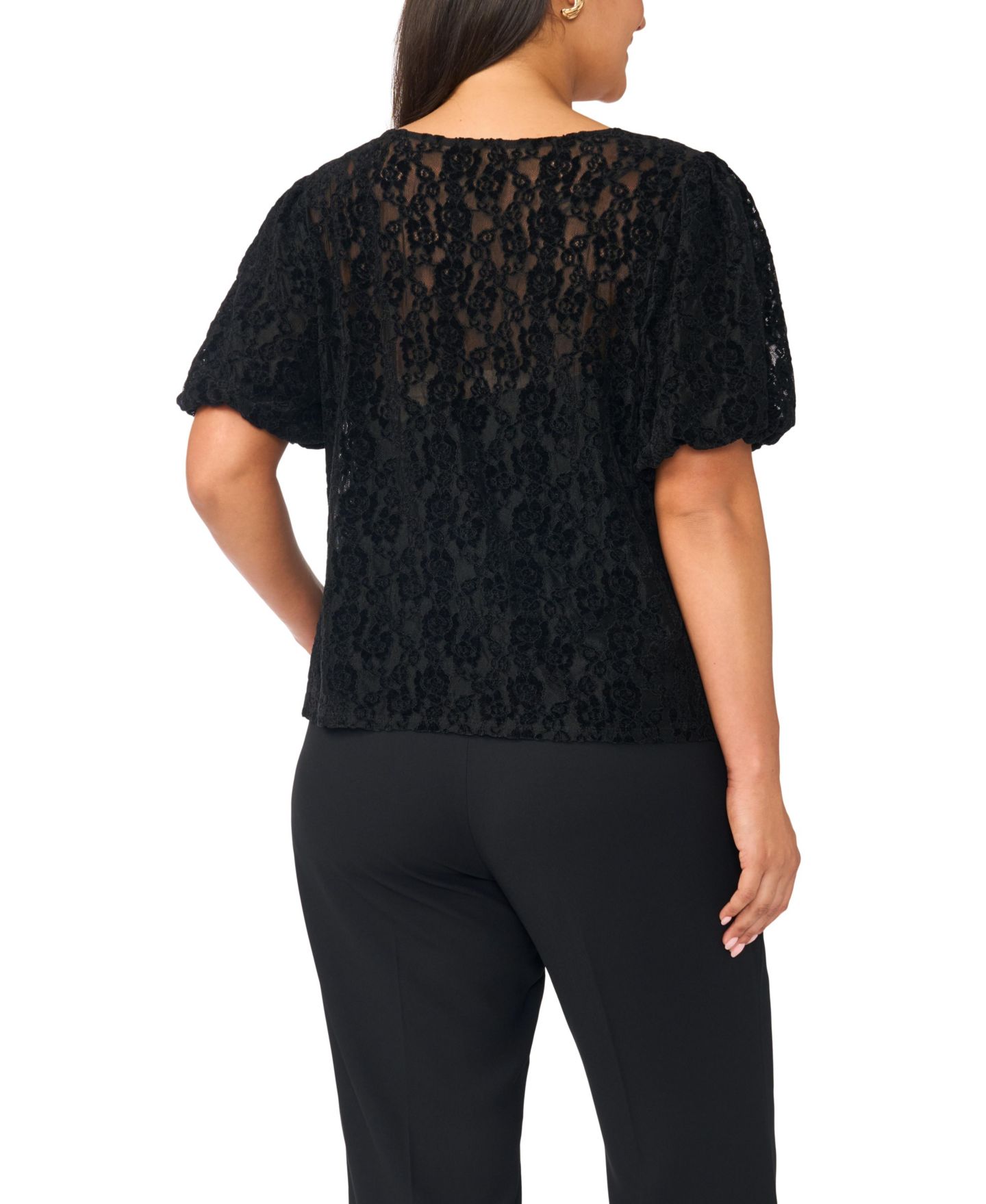 Женская блузка Vince Camuto Plus Size Puff-Sleeve Crewneck Lace, цвет: Насыщенный чёрный — фото 6