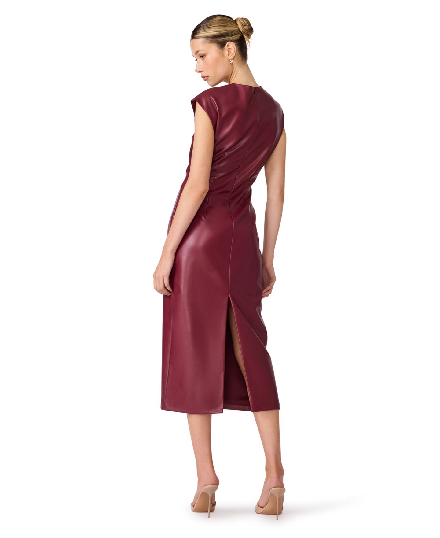 Женское платье Steve Madden Juniors' Chiara Short Sleeve Twist-Front Midi Faux Leather, цвет: Cordovan — фото 5