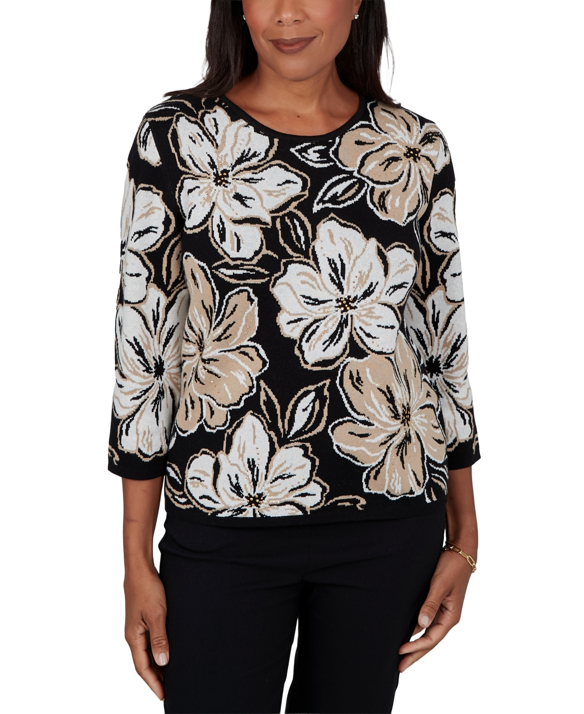 Alfred Dunner Women's Crewneck Floral Pullover Sweater - Black Multi